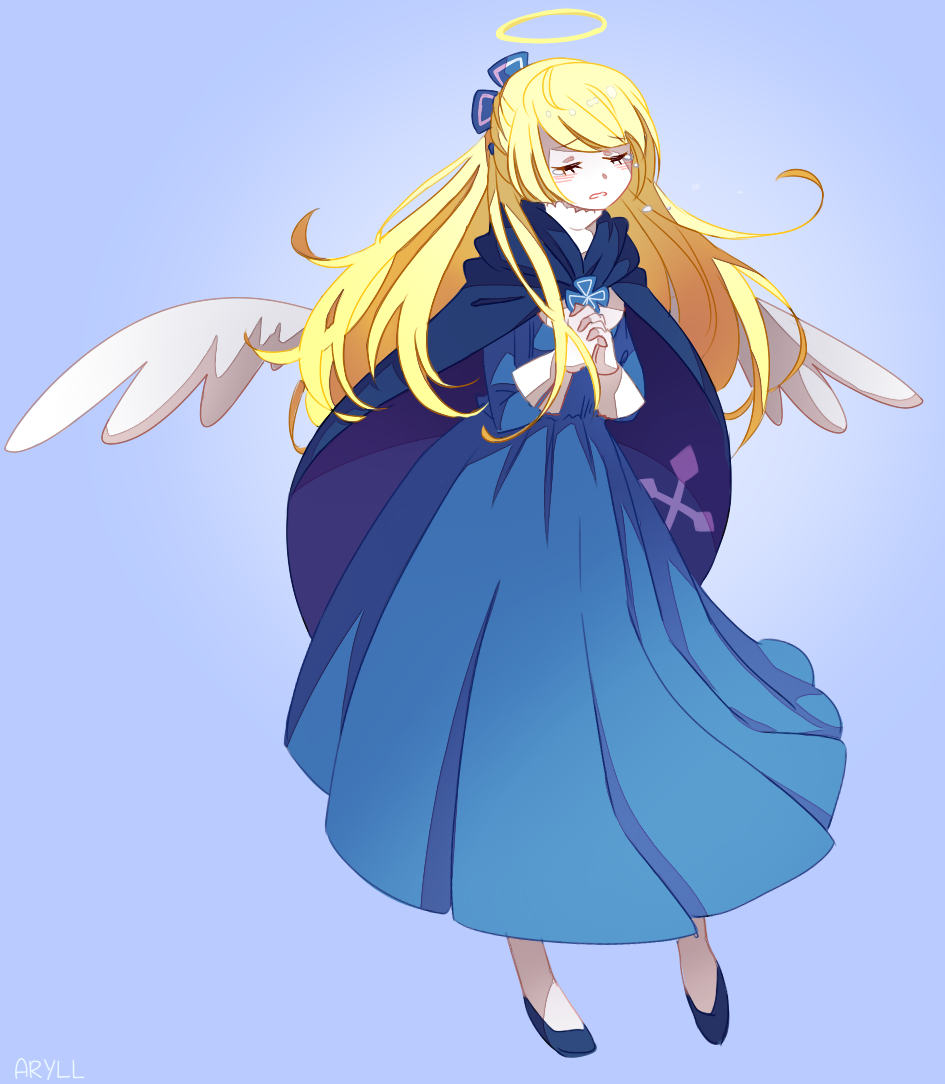 1girl, angel, angel_wings, aryll_(marbles), blonde_hair, blue_cloak, blue_dress, ciel_(funamusea)