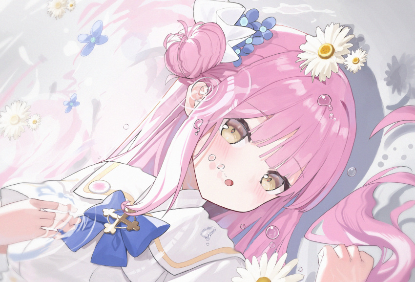1girl, absurdres, air_bubble, blue_archive, blue_bow, blue_bowtie, blush, bow