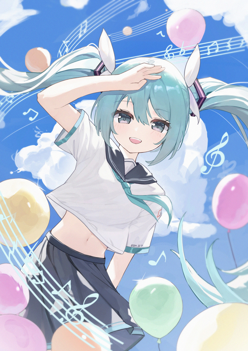 1girl, absurdres, aqua_eyes, aqua_hair, balloon, black_skirt, blue_neckerchief, blue_sky, clouds, commentary, cowboy_shot, day, floating_hair, hair_ornament, hair_ribbon, hatsune_miku, highres, long_hair, looking_at_viewer, luo_shu, midriff, miniskirt, musical_note, navel, neckerchief, open_mouth, outdoors, pleated_skirt, ribbon, sailor_collar, school_uniform, shirt, short_sleeves, skirt, sky, smile, solo, standing, twintails, vocaloid, white_shirt