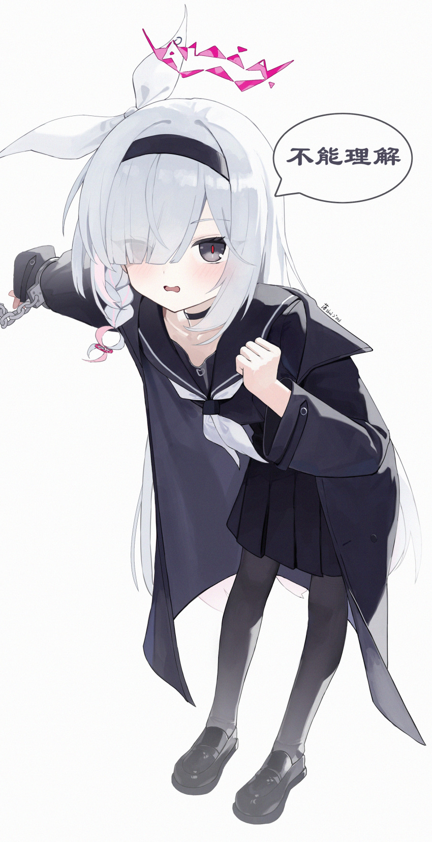 1girl, absurdres, black_choker, black_footwear, black_hairband, black_jacket, black_pantyhose, black_sailor_collar