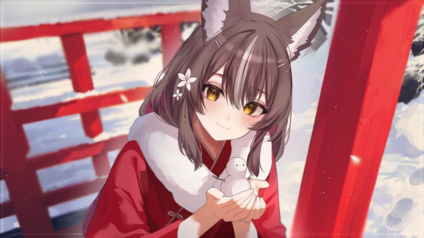 1girl, absurdres, animal_ear_fluff, animal_ears, artist_request, blurry, blurry_background, brown_hair