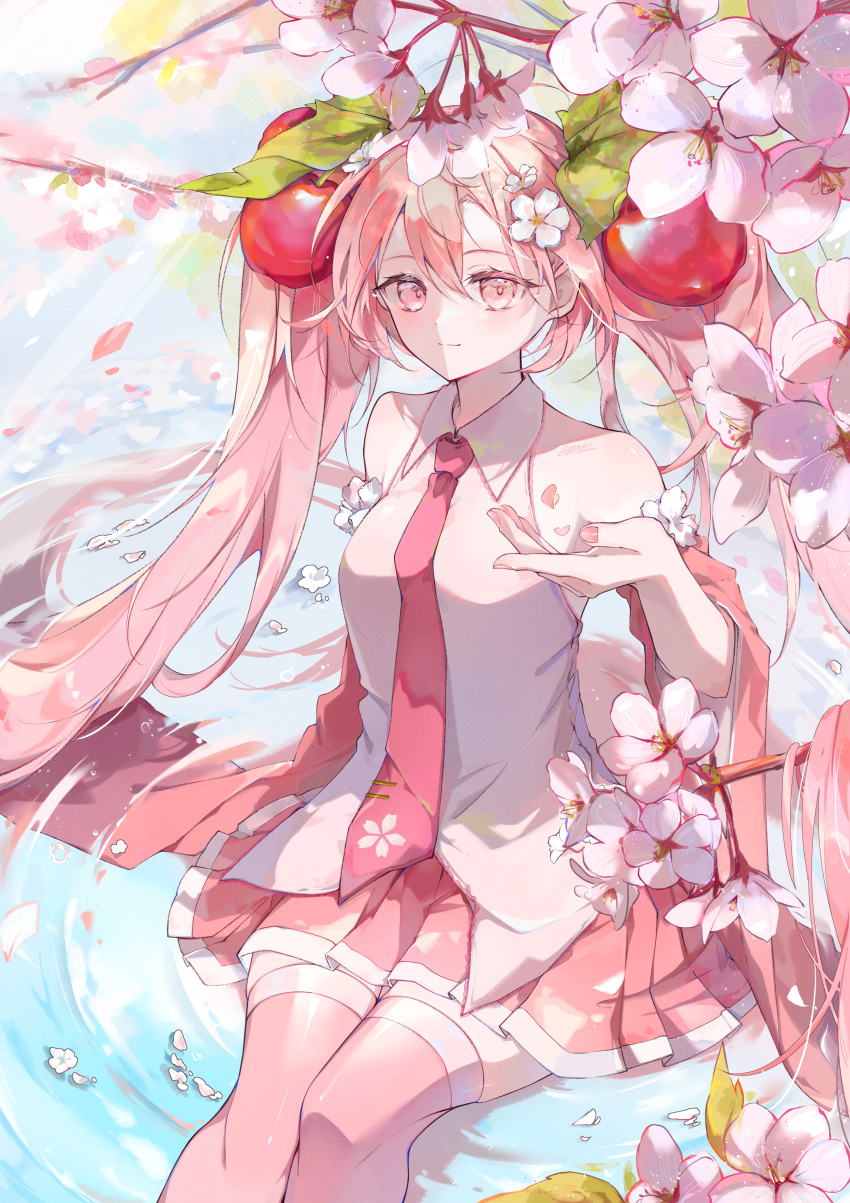 1girl, absurdres, cherry, cherry_blossoms, cherry_hair_ornament, closed_mouth, collared_shirt, commentary_request