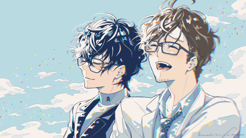 2boys, amamiya_ren, beard_stubble, black-framed_eyewear, black_hair, black_jacket, blue_sky, blush