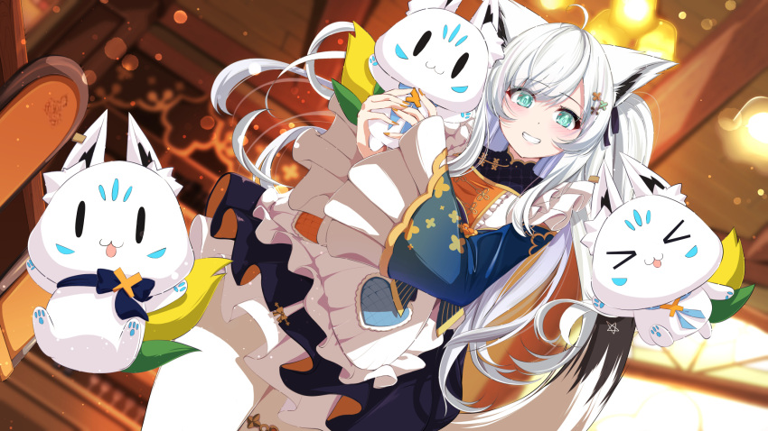 ahoge, animal_ear_fluff, animal_ears, blue_sleeves, bow, fox_ears, fox_girl, fox_tail