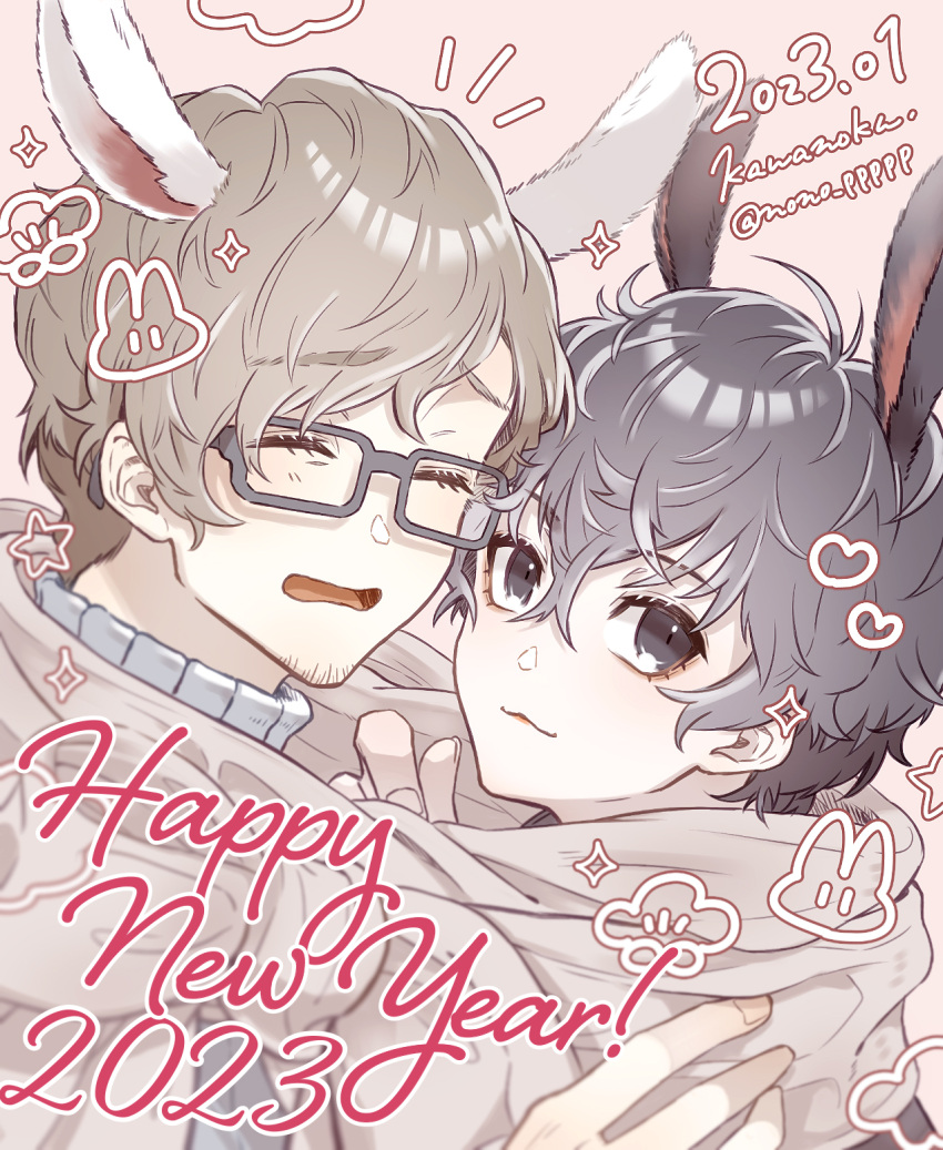 2boys, amamiya_ren, animal_ears, beard_stubble, black-framed_eyewear, black_hair, brown_hair, brown_scarf