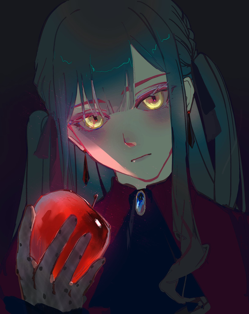 1girl, apple, ascot, bang_dream!, bang_dream!_it's_mygo!!!!!, black_ascot, black_gloves, black_ribbon