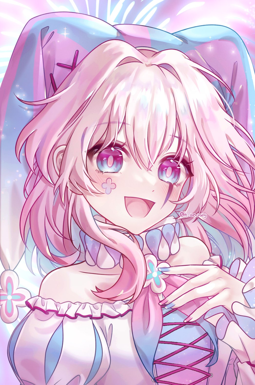 1girl, aqua_eyes, blue_hat, blush, clown, dress, h_ae_rang, hair_between_eyes