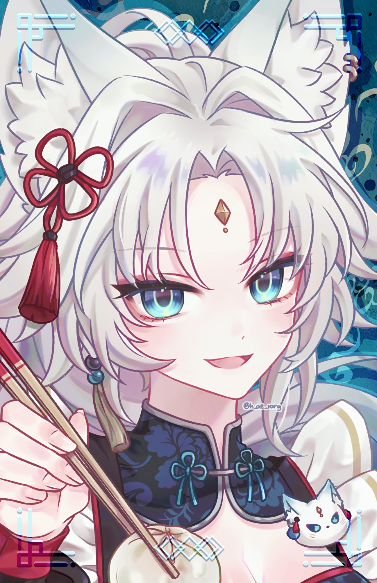 1girl, animal_ear_fluff, animal_ears, aqua_eyes, baozi, breasts, chinese_clothes, chopsticks
