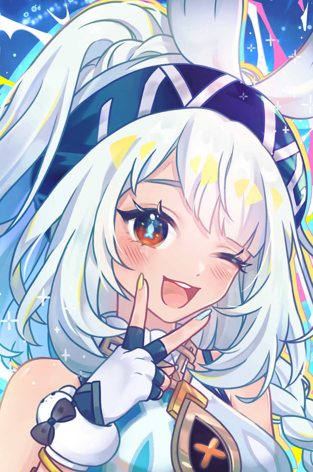 1girl, black_gloves, black_hairband, blush, braid, breasts, fingerless_gloves, genshin_impact