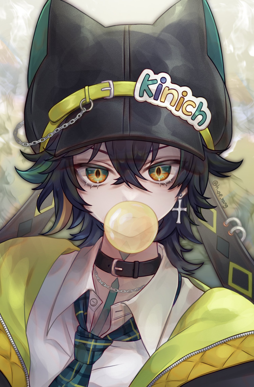 1boy, animal_hat, belt, black_choker, black_hair, black_hat, black_jacket, cat_hat, chain, character_name, chewing_gum, choker, collar, cross, cross_earrings, earrings, genshin_impact, green_belt, green_eyes, green_hair, green_necktie, h_ae_rang, hair_between_eyes, hat, highres, jacket, jewelry, kinich_(genshin_impact), looking_at_viewer, male_focus, multicolored_hair, neck_tattoo, necktie, shirt, short_hair, solo, tattoo, white_shirt
