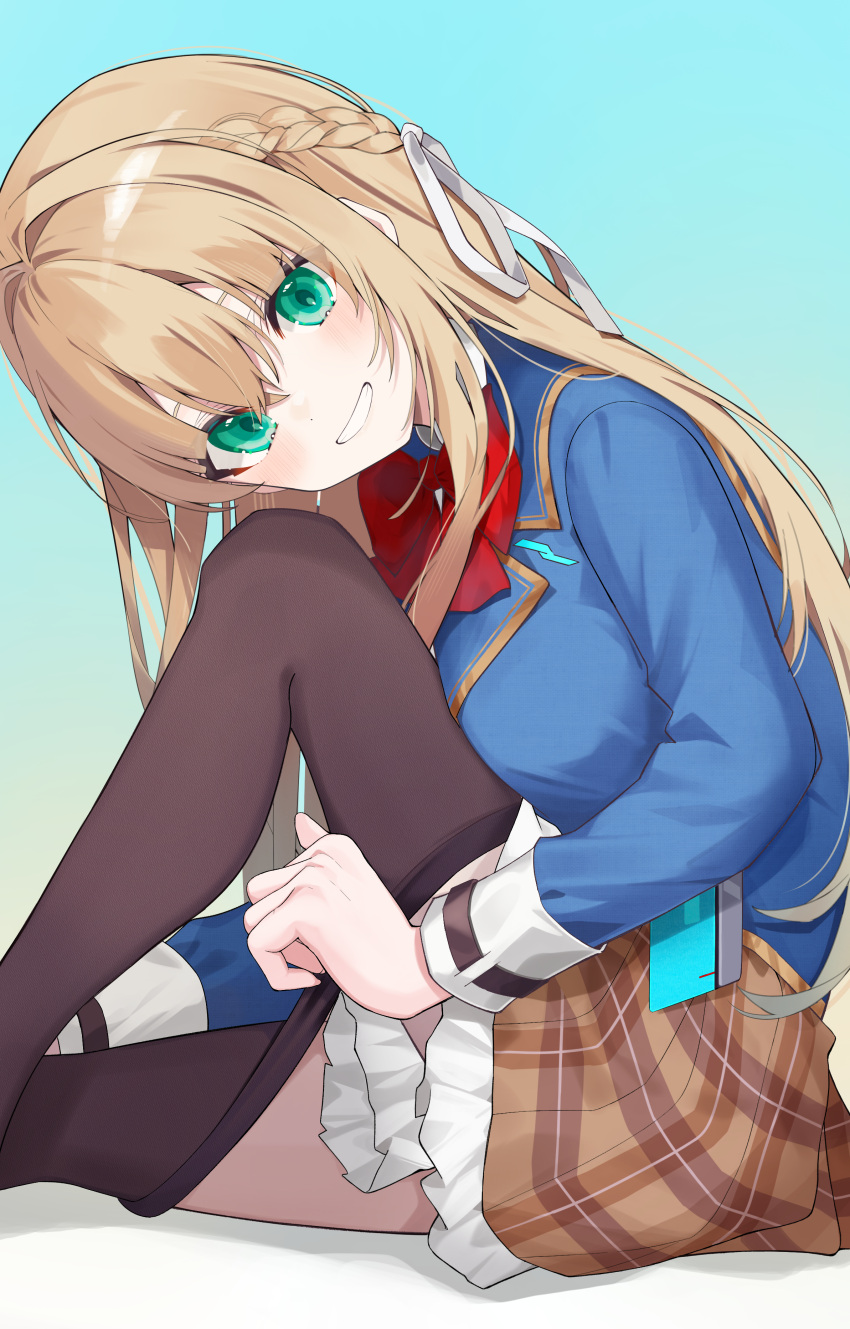 1girl, absurdres, black_pantyhose, blonde_hair, blue_jacket, blush, bow, bowtie