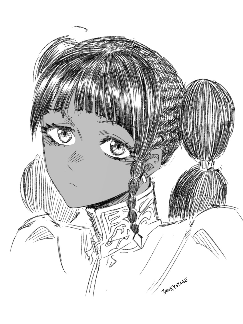 1girl, braid, dark-skinned_female, dark_skin, desscaras, earrings, expressionless, eyelashes
