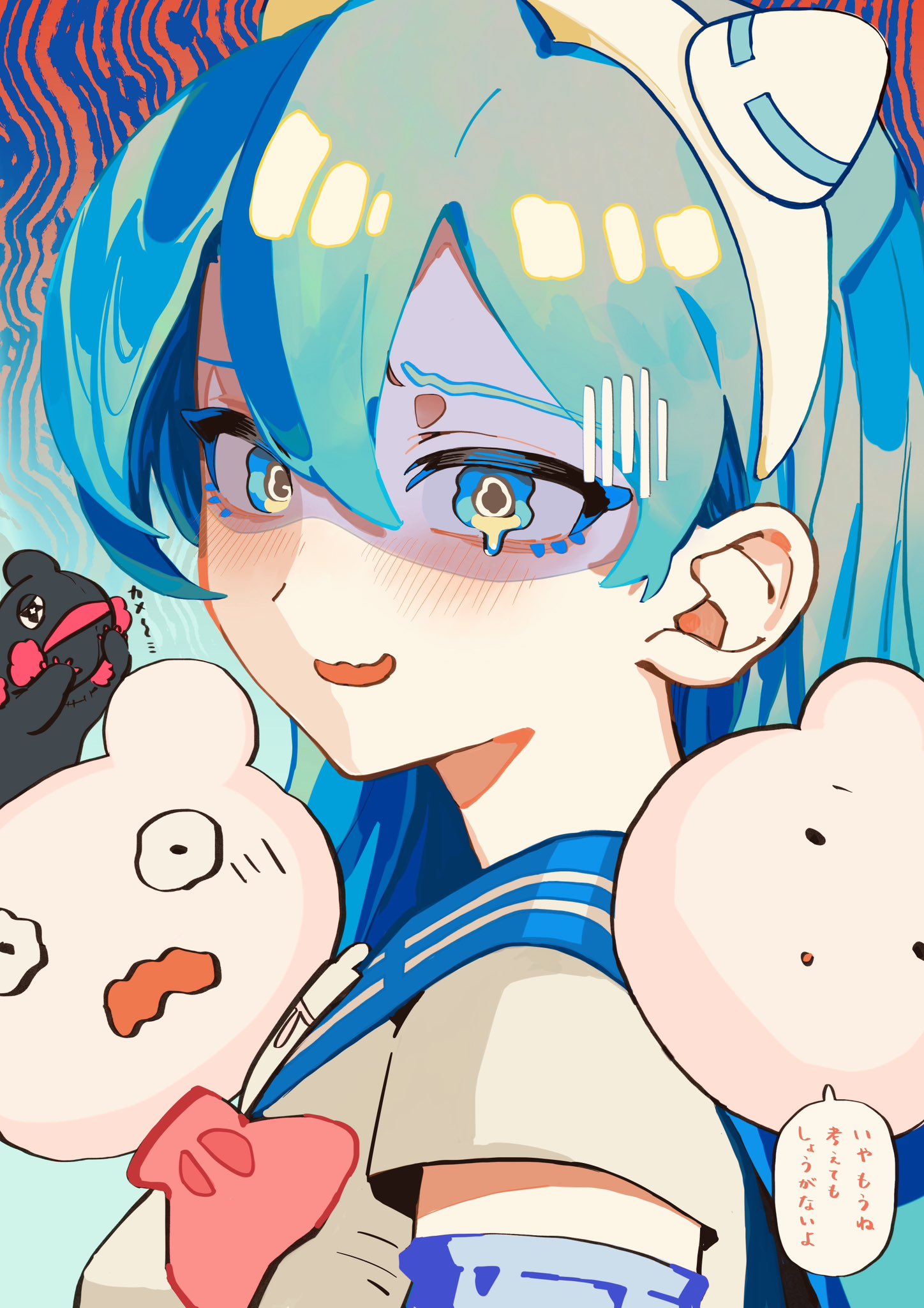 1girl, blue_eyes, blue_hair, blue_sailor_collar, blush, facing_to_the_side, hair_between_eyes, highres