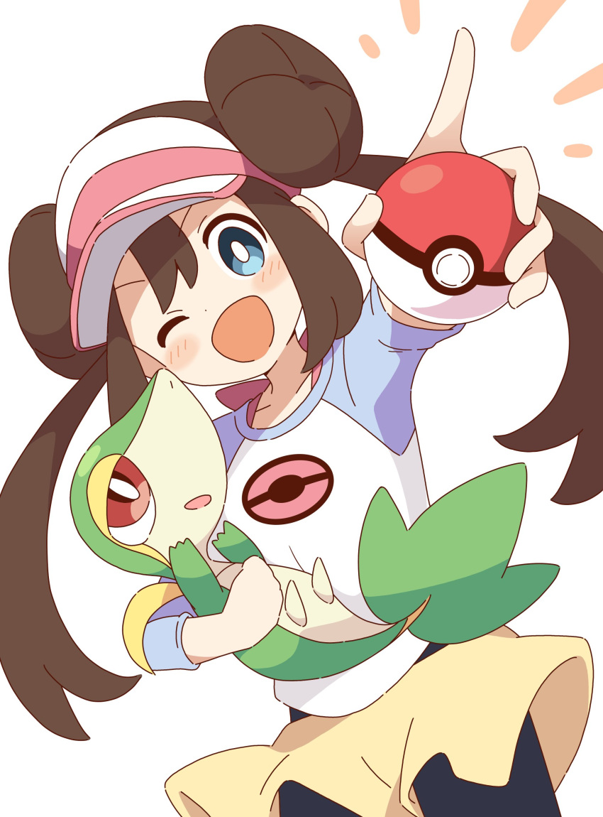 1girl, ;d, absurdres, black_pantyhose, blue_eyes, blush, brown_hair, collarbone, cowboy_shot, dot_nose, double_bun, doughnut_hair_bun, hair_bun, highres, holding, holding_poke_ball, holding_pokemon, long_hair, looking_at_viewer, one_eye_closed, open_mouth, pantyhose, poke_ball, pokemon, pokemon_(creature), pokemon_bw2, rosa_(pokemon), shirt, short_shorts, shorts, sidelocks, simple_background, smile, snivy, solo, twintails, visor_cap, white_background, white_shirt, yellow_shorts, zungurimukkuri_tarou