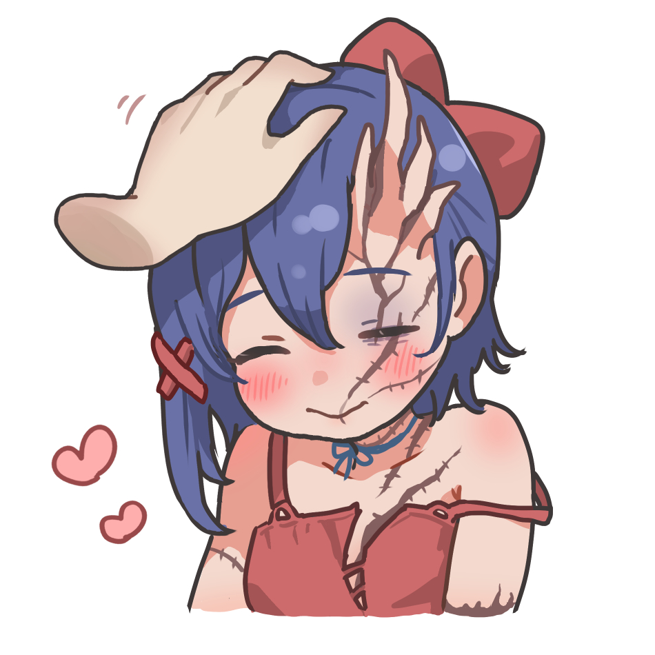 1girl, bare_shoulders, blush, bow, closed_eyes, closed_mouth, commentary_request, disembodied_hand, dress, hair_between_eyes, hair_bow, headpat, heart, horns, long_hair, miside, ooishi_oil, red_bow, red_dress, scar, scar_across_eye, scar_on_chest, scar_on_face, scar_on_neck, simple_background, smile, strap_slip, tiny_mita_(miside), torn_clothes, torn_dress, white_background