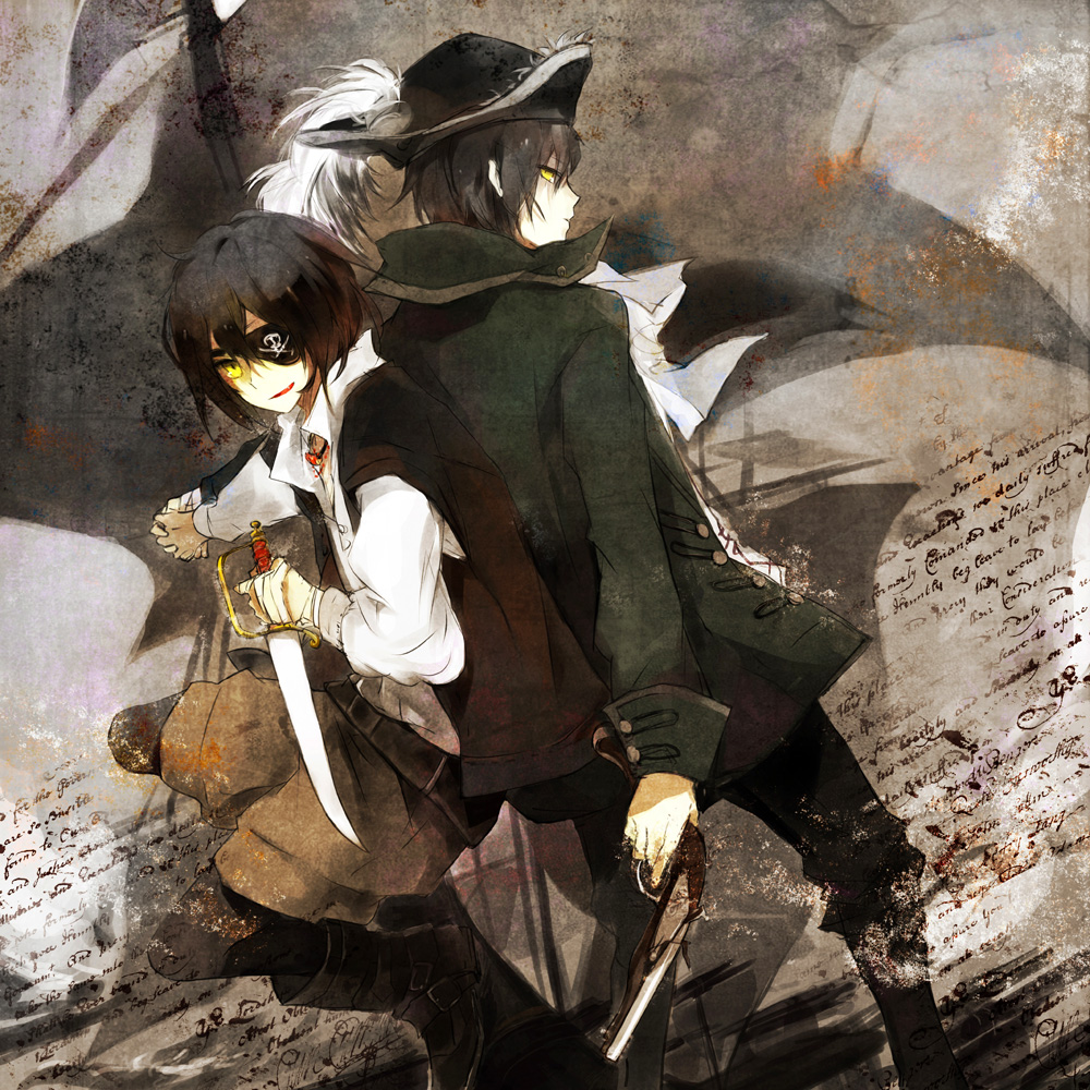 back-to-back, bad_id, black_hair, eyepatch, feathers, gun, hand_holding, hat