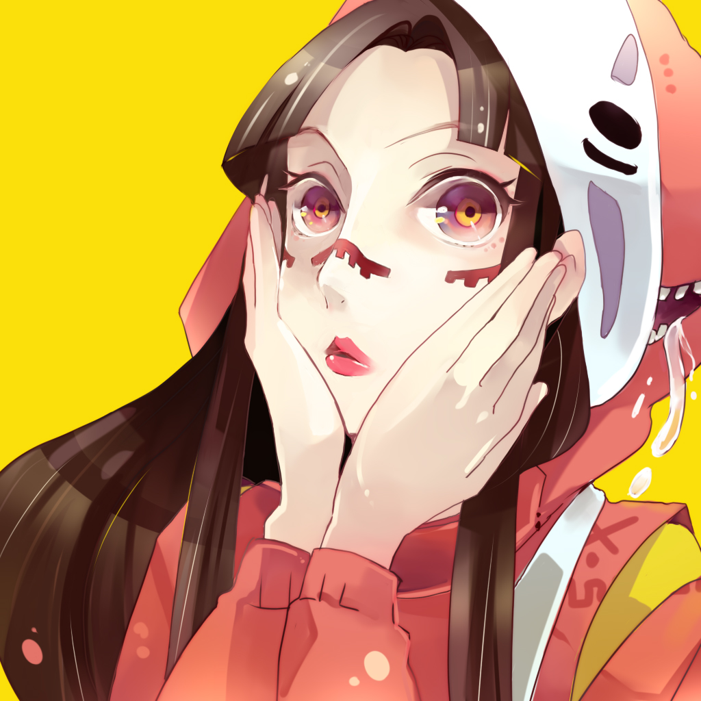 hands_on_face, hands_on_own_cheeks, hands_on_own_face, hoodie, kaonashi, lin_(spirited_away), lips, long_hair, matryoshka_(vocaloid), multicolored_eyes, musou_yuchi, sen_to_chihiro_no_kamikakushi, solo, vocaloid