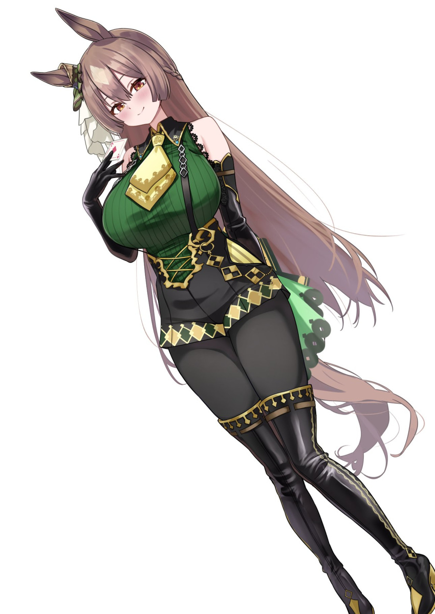 1girl, animal_ears, bare_shoulders, blush, boots, breasts, brown_hair, collarbone, commentary_request, commission, cosplay, hair_between_eyes, hair_ornament, herohero_(higashi_no_dou), highres, horse_ears, horse_girl, large_breasts, long_hair, looking_at_viewer, pantyhose, satono_crown_(umamusume), satono_crown_(umamusume)_(cosplay), satono_diamond_(umamusume), simple_background, skeb_commission, smile, solo, thigh_boots, umamusume, white_background