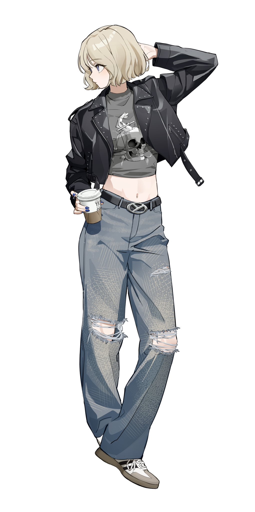 1girl, belt, blonde_hair, blue_nails, cropped_jacket, denim, drink, full_body