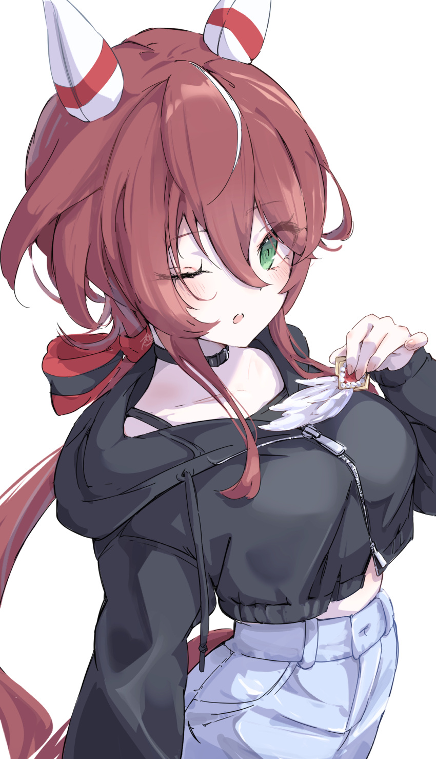 1girl, absurdres, animal_ears, blush, breasts, casual, collar, collarbone