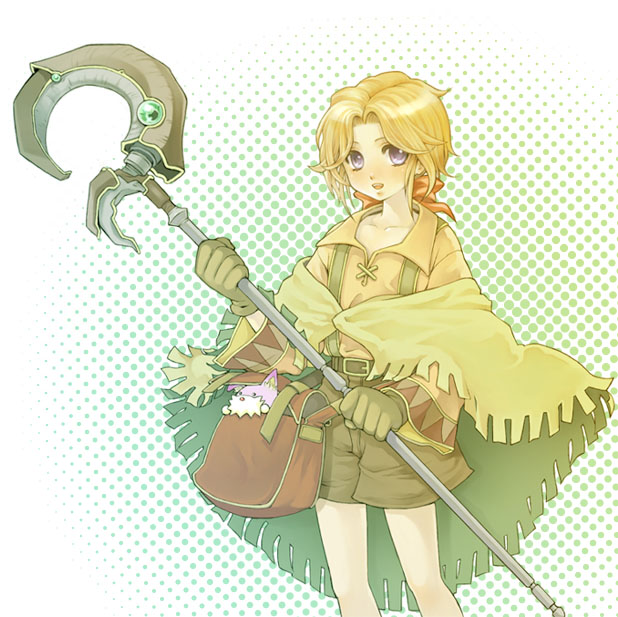 ahoge, bag, belt, bow, creature, gloves, male, open_mouth, orange_hair, poncho, puka, purple_eyes, ribbon, short_hair, shorts, smile, staff, tim_rhymeless, unadare_chop, violet_eyes, wild_arms, wild_arms_2