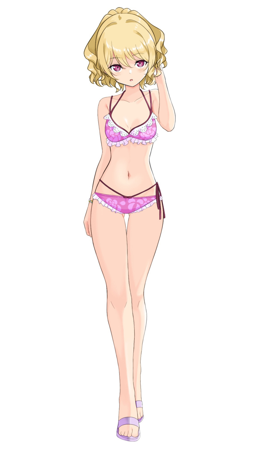 1girl, aiming, aiming_at_viewer, arm_behind_back, bare_shoulders, blonde_hair, blush, bracelet