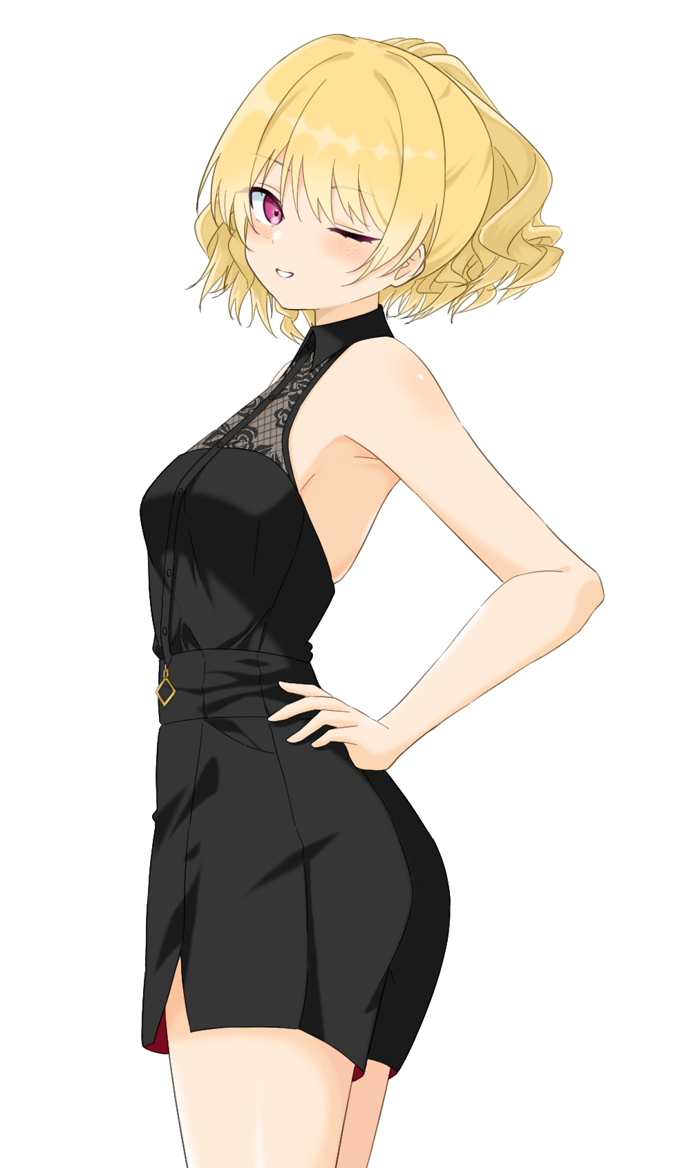 1girl, aiming, aiming_at_viewer, arm_behind_back, bare_shoulders, blonde_hair, blush, bracelet