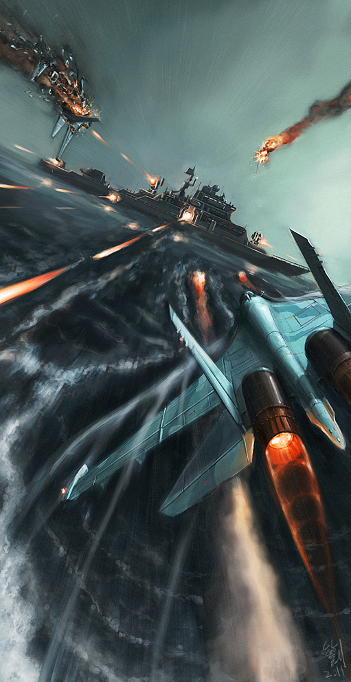 afterburner, airplane, battle, battleship, damaged, destruction, dutch_angle, epic, explosion, fighter_jet, fire, firing, gun, jet, kill, military, ocean, pvtskwerl, realistic, ship, sky, su-27, su-33, war, water, weapon