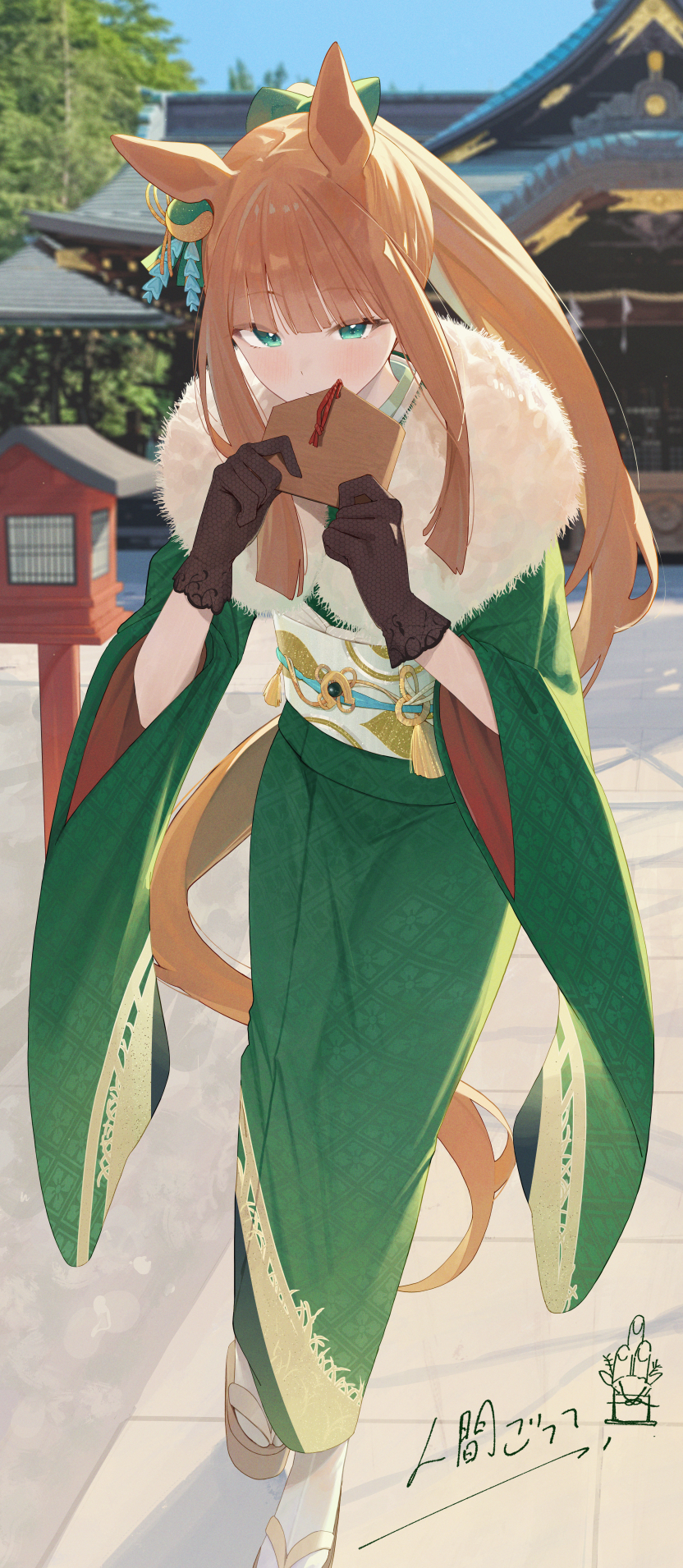 1girl, animal_ears, artist_name, black_gloves, blunt_sidelocks, bow, brown_hair, commentary_request