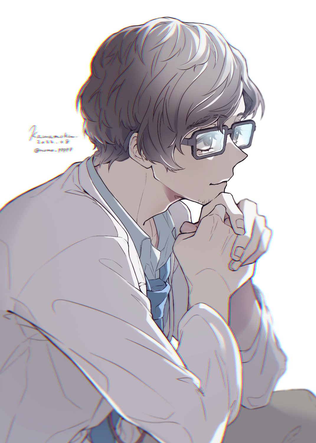 1boy, beard_stubble, black-framed_eyewear, blue_necktie, blue_shirt, brown_eyes, brown_hair, chromatic_aberration