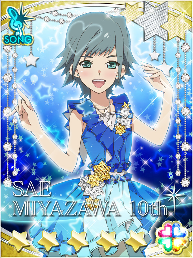 1girl, :d, akb0048, blue_background, blue_dress, card_(medium), character_name, cowboy_shot