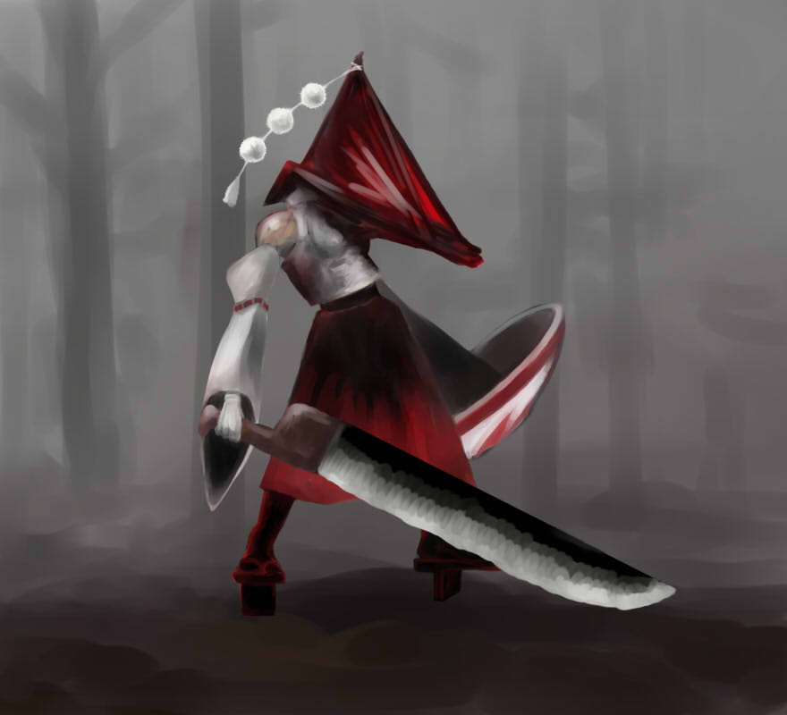 crossover, detached_sleeves, fusion, geta, gloves, graetz, great_knife, helmet, inubashiri_momiji, parody, pyramid_head, shield, silent_hill, silent_hill_2, skirt, solo, sword, tengu-geta, touhou, weapon
