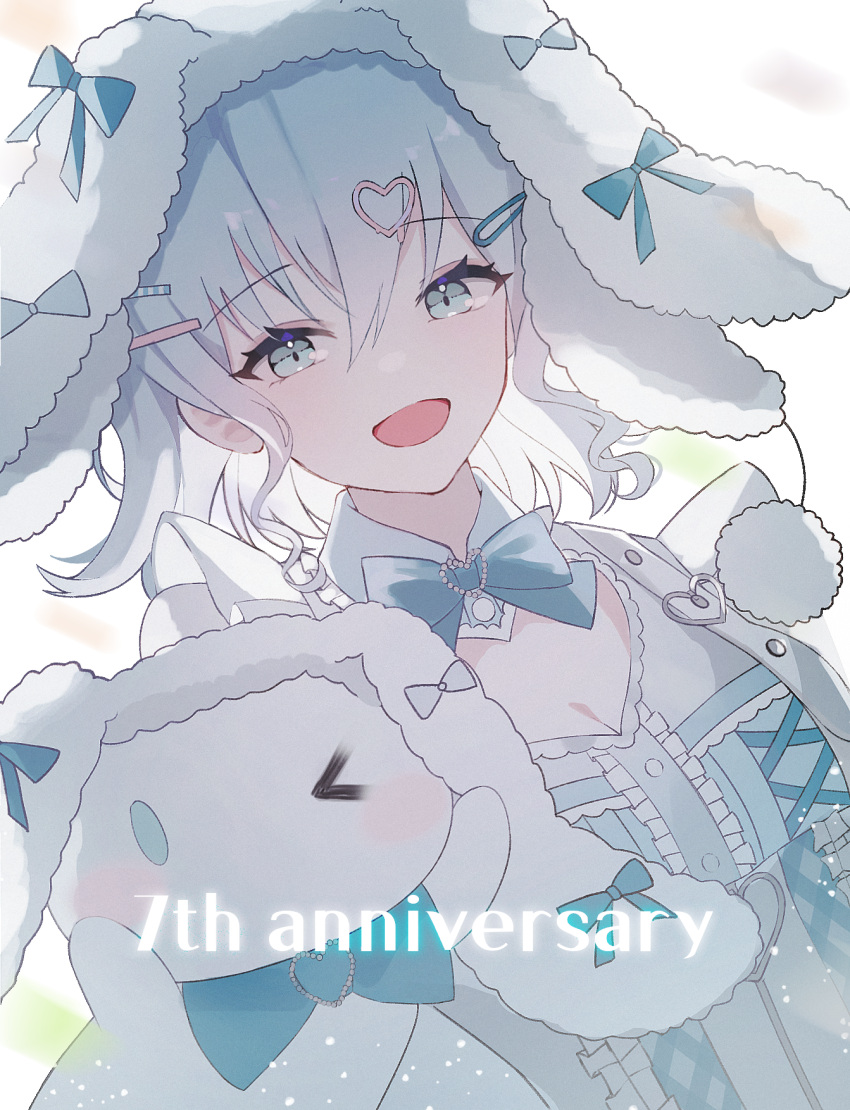 1girl, animal_ear_headwear, anniversary, bang_dream!, blue_bow, blue_dress, blue_eyes, bow