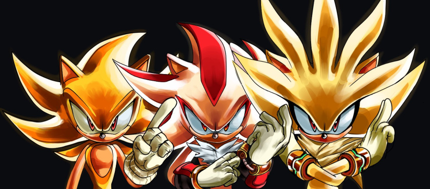 3boys, black_background, gloves, highres, male_focus, multiple_boys, red_eyes, red_fur, shadow_the_hedgehog, silver_the_hedgehog, simple_background, sonic_(series), sonic_the_hedgehog, spacedawgspace, super_shadow, super_silver, super_sonic, two-tone_fur, upper_body, white_gloves, yellow_fur
