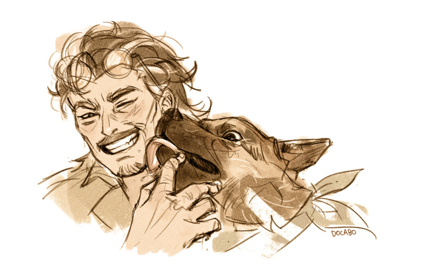 1boy, animal_ears, artist_name, beard, commentary_request, docabo11, dog, dog_ears