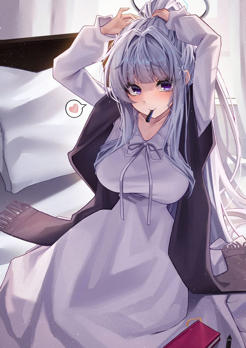 1girl, absurdres, adjusting_hair, arms_up, black_shawl, blue_archive, commentary_request, dress