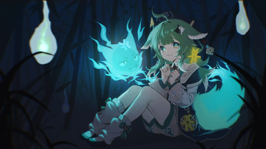 1boy, 1girl, anger_vein, animal_ears, annoyed, anya's_heh_face_(meme), bamboo, chinese_clothes, chinese_commentary, commentary_request, fiery_tail, fox_ears, green_hair, highres, hitodama, honkai:_star_rail, honkai_(series), huohuo_(honkai:_star_rail), looking_at_another, looking_to_the_side, meme, on_ground, paw-shaped_pupils, scared, sitting, symbol-shaped_pupils, tail, tail_(honkai:_star_rail), talisman, xianyud