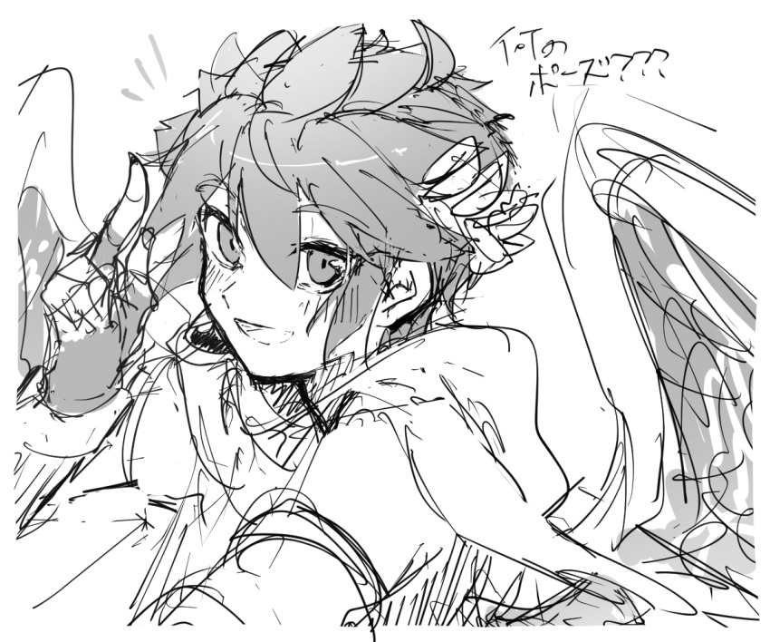 1boy, :d, ahoge, angel, angel_wings, armlet, eno_(enokanotan), greyscale