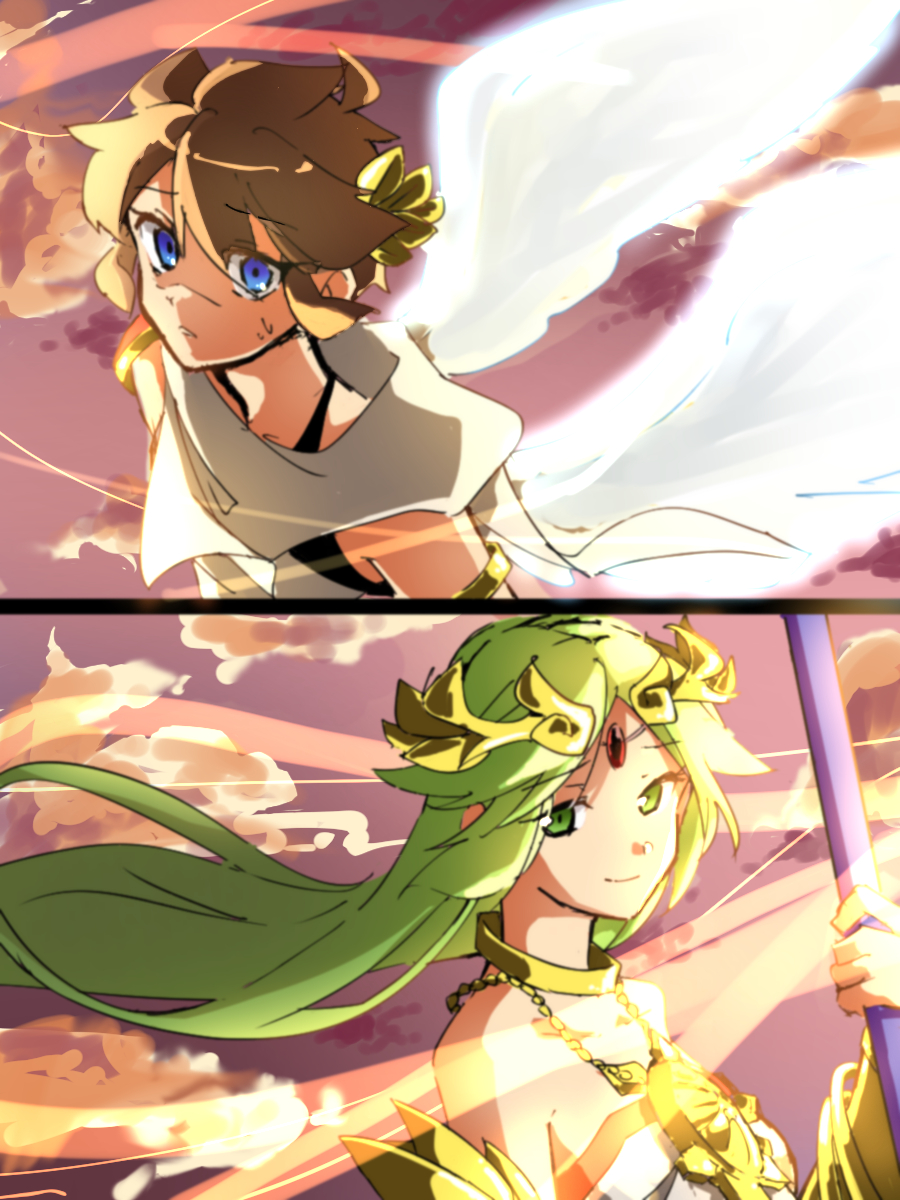 1boy, 1girl, ahoge, androgynous, angel, angel_wings, armlet, black_undershirt