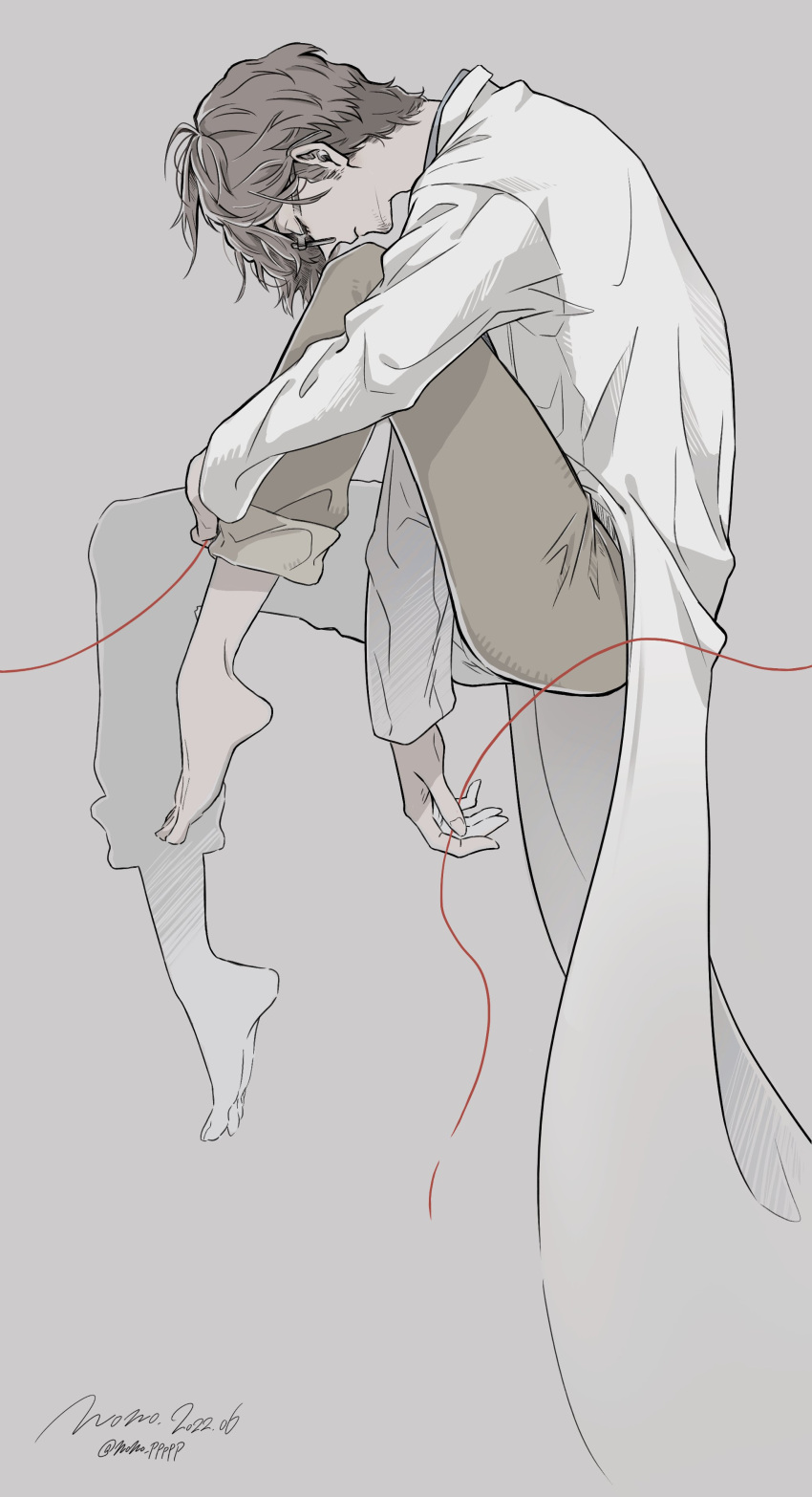 1boy, absurdres, barefoot, beard_stubble, black-framed_eyewear, brown_hair, brown_pants, closed_eyes, coat, commentary_request, dated, facial_hair, full_body, glasses, highres, male_focus, maruki_takuto, nono_ppppp, pants, persona, persona_5, persona_5_the_royal, profile, short_hair, signature, solo, string, string_of_fate, stubble, twitter_username, white_coat