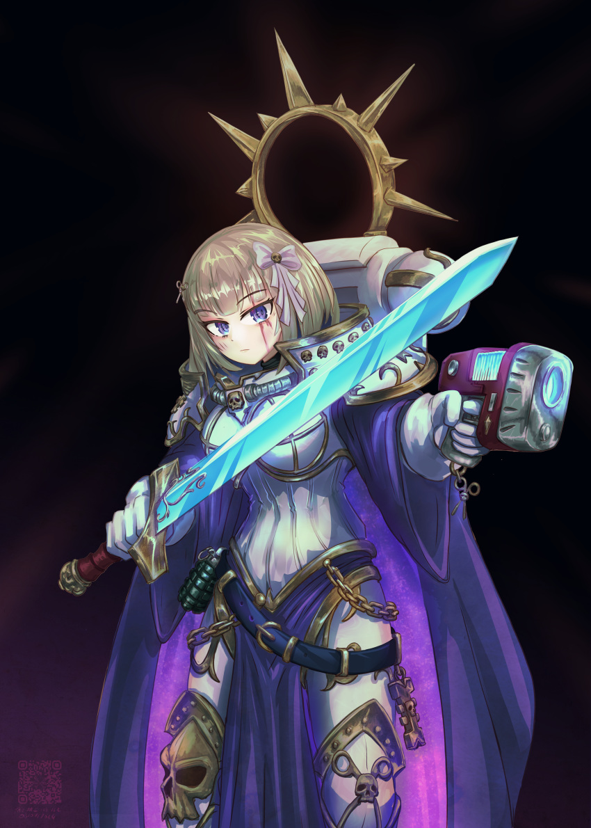 1girl, absurdres, adepta_sororitas, amanogawa_shiina, armor, belt, blonde_hair, cloak, explosive, full_armor, grenade, hair_ribbon, highres, pelvic_curtain, phase_connect, plasma_gun, power_armor, power_sword, purple_cloak, qr_code, razpaz, ribbon, solo, virtual_youtuber, warhammer_40k