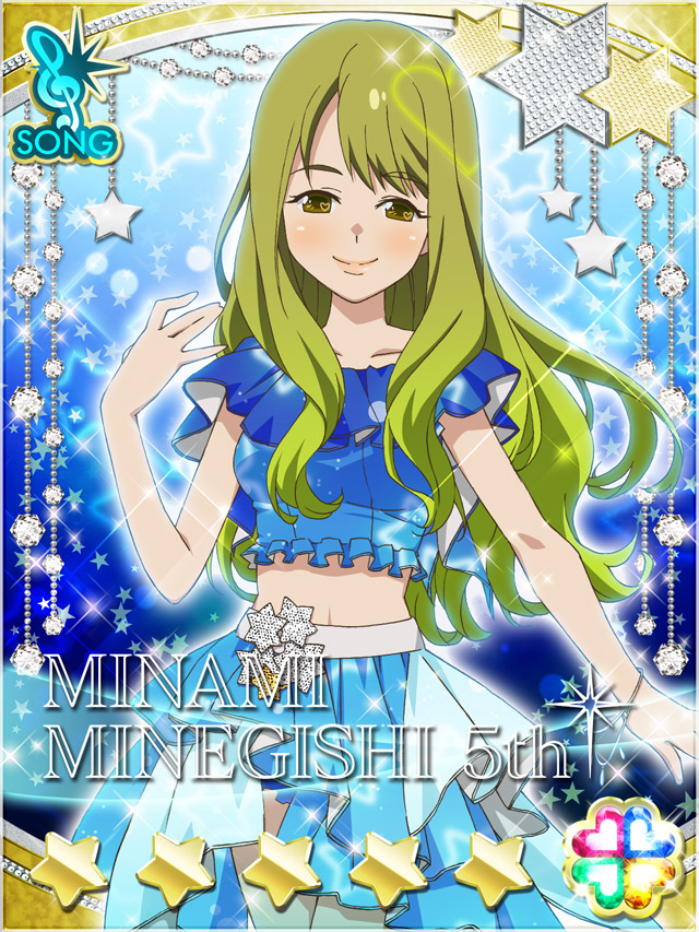 1girl, akb0048, blue_background, blue_shirt, blue_skirt, bracelet, card_(medium), character_name