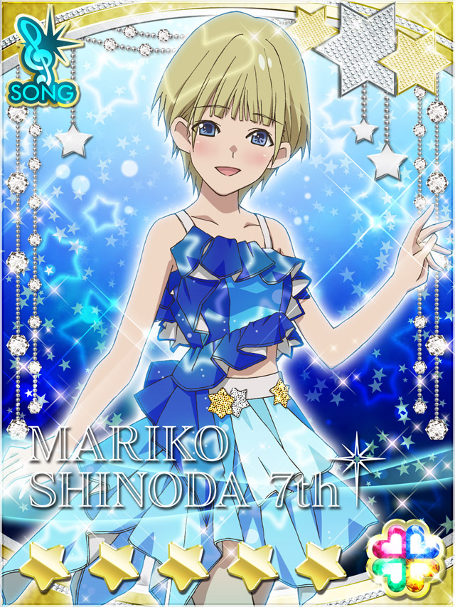 1girl, :d, akb0048, blonde_hair, blue_background, blue_eyes, blue_shirt, blue_skirt