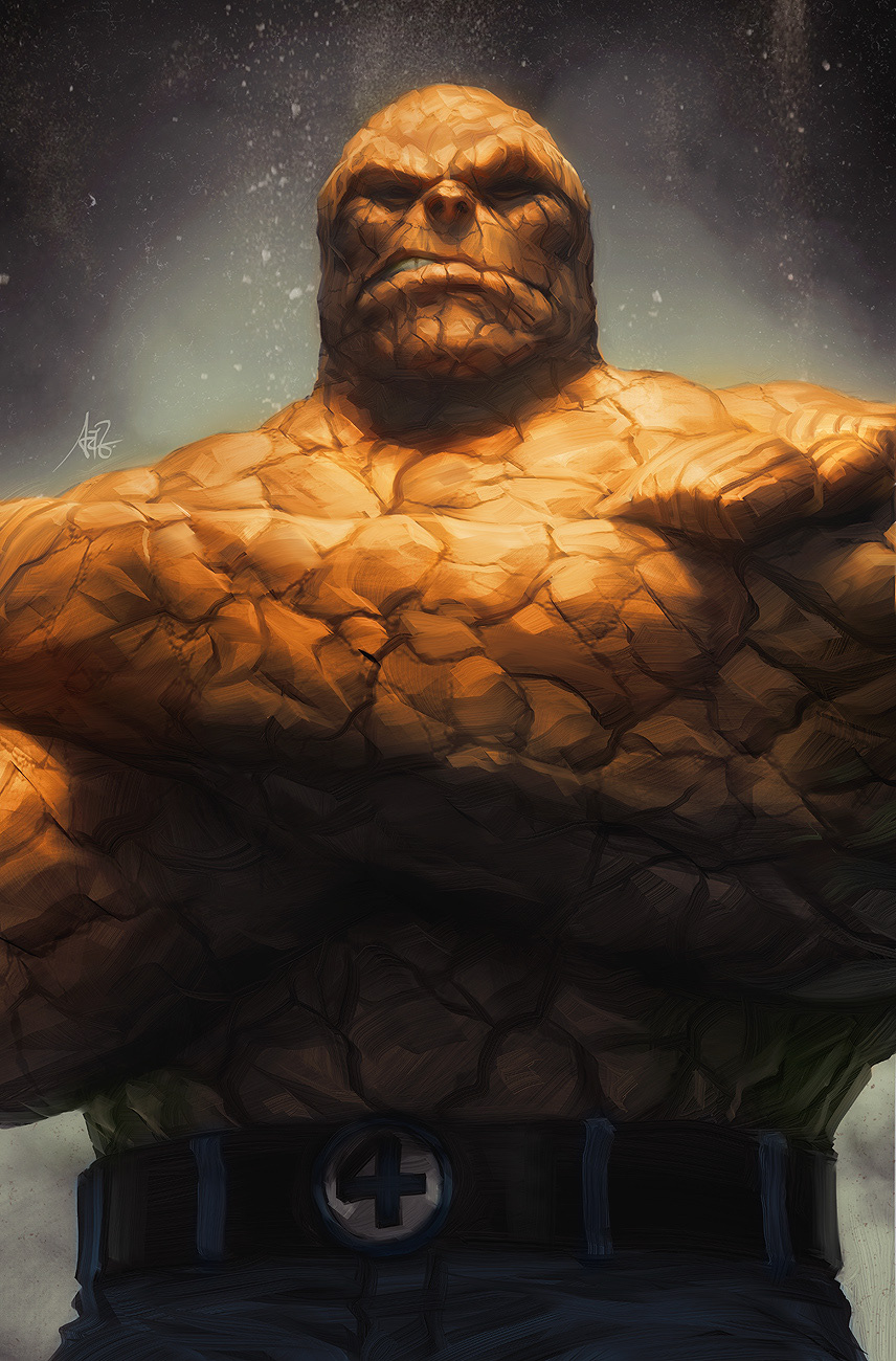 1boy, artist_name, belt, ben_grimm, black_belt, blue_shorts, clenched_teeth, colored_skin