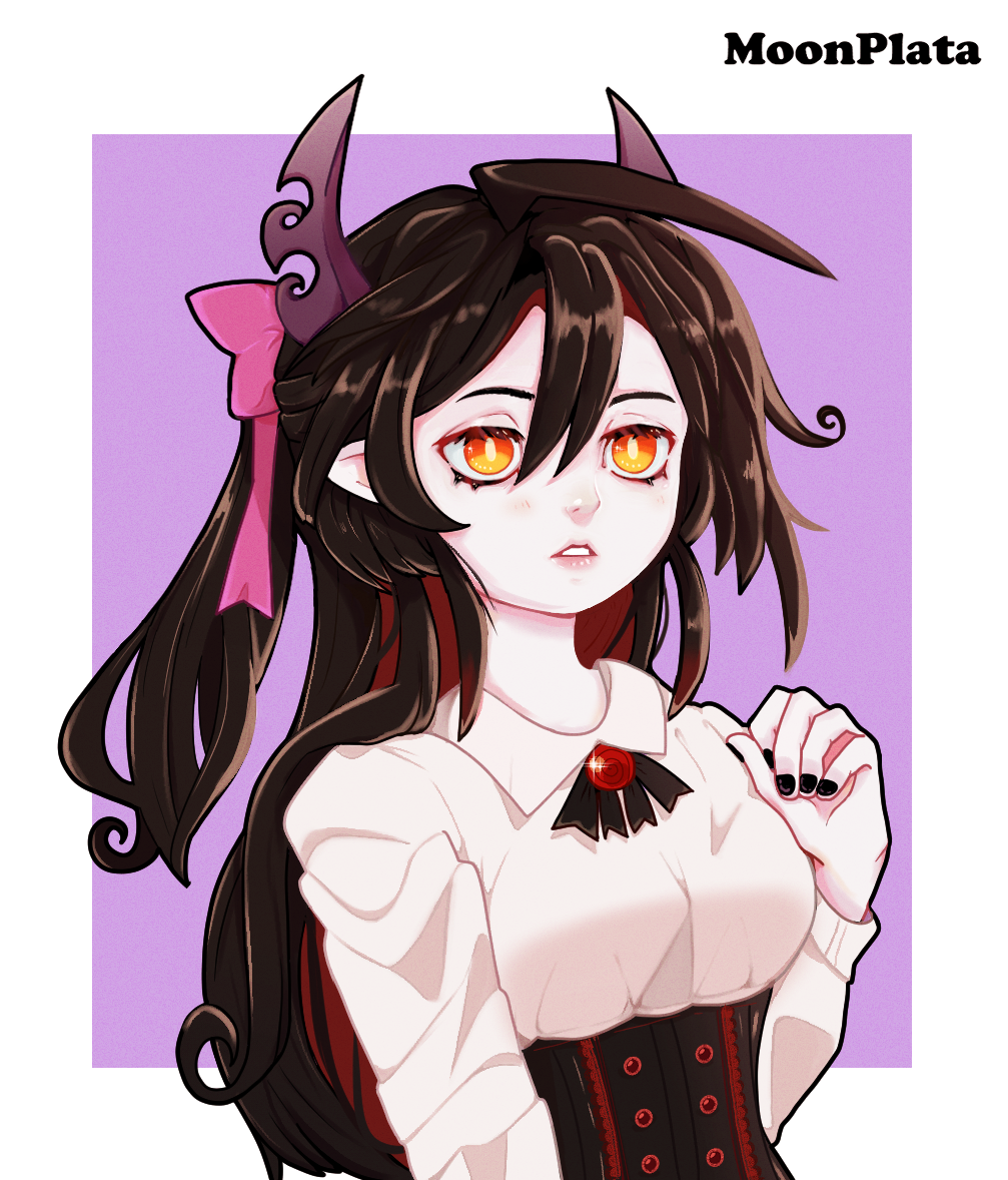 1girl, black_hair, blush, demon_girl, demon_horns, funamusea, genderswap, genderswap_(mtf)