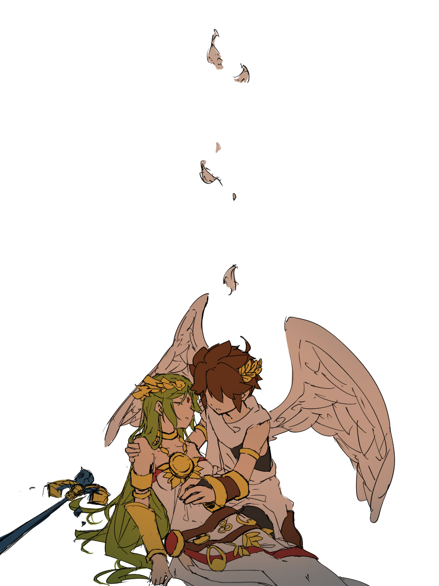 1boy, 1girl, ahoge, ancient_greek_clothes, angel, angel_wings, belt, black_undershirt, bracer, breasts, brown_belt, chain, closed_eyes, collarbone, eno_(enokanotan), falling_feathers, feathered_wings, feathers, forehead_jewel, gold_chain, greco-roman_clothes, green_hair, hand_on_another's_shoulder, hand_on_another's_stomach, highres, kid_icarus, kid_icarus_uprising, laurel_crown, long_hair, medium_breasts, no_eyes, palutena, pit_(kid_icarus), scarf, short_hair, sidelocks, single_bare_shoulder, spiky_hair, staff, unconscious, white_background, white_scarf, white_wings, wings