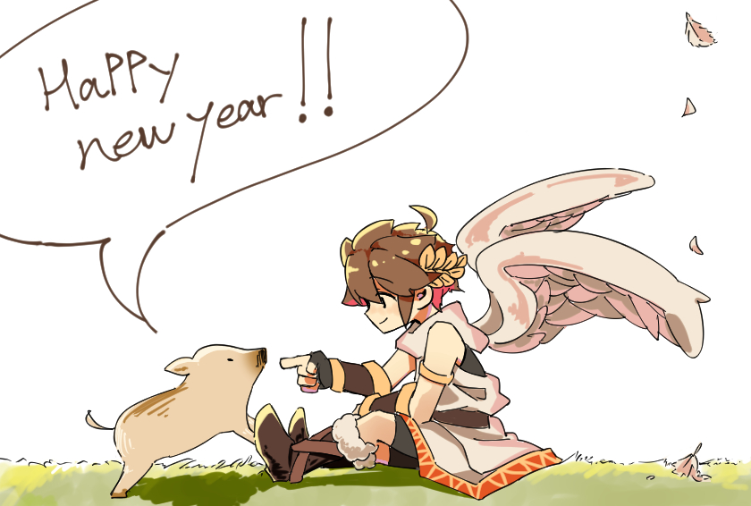 !, !!, 1boy, ahoge, alternate_footwear, angel, angel_wings, animal, armlet, bike_shorts_under_skirt, black_undershirt, bracer, brown_hair, check_animal, chinese_zodiac, eno_(enokanotan), falling_feathers, feathered_wings, feathers, from_side, full_body, gold_armlet, grass, happy_new_year, index_finger_raised, jewelry, kid_icarus, kid_icarus_uprising, laurel_crown, looking_at_animal, new_year, on_grass, pig, pit_(kid_icarus), pointing, sidelocks, sitting, smile, speech_bubble, talking_animal, white_feathers, white_wings, wings, year_of_the_pig