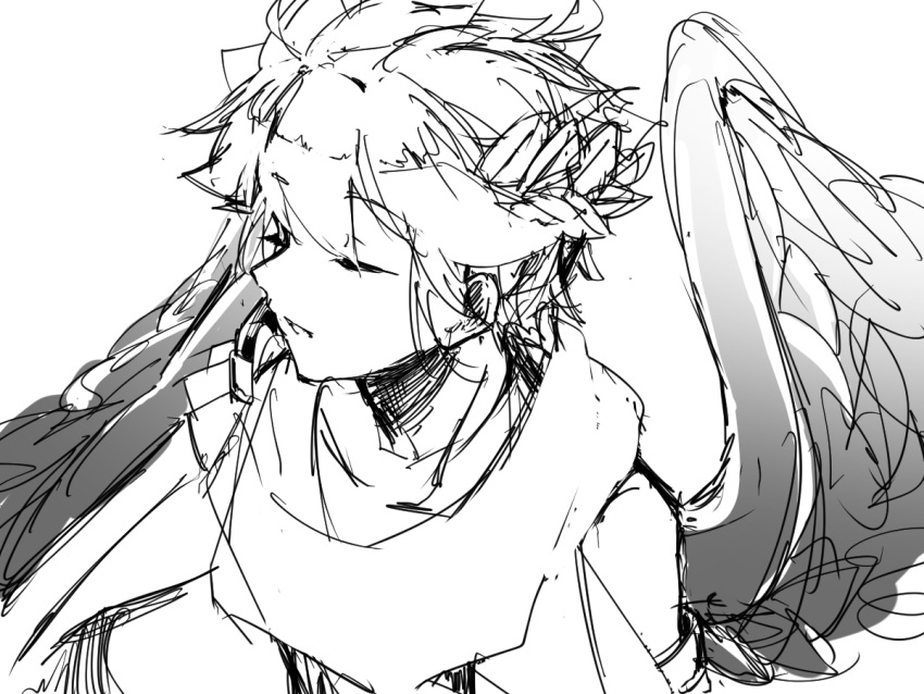 1boy, angel, angel_wings, closed_eyes, eno_(enokanotan), gradient_wings, grey_wings, greyscale