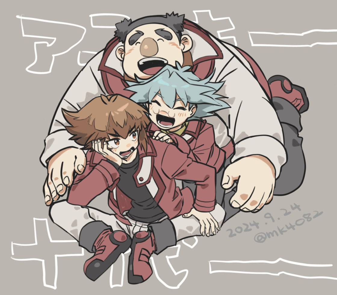 3boys, black_shirt, blue_hair, blush, brown_eyes, brown_hair, dated, fingernails
