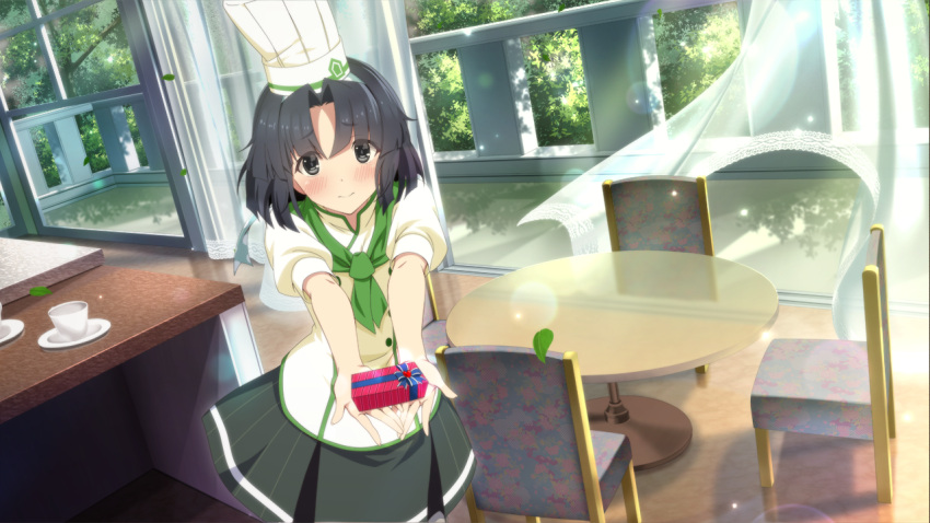 1girl, black_hair, blush, chair, chef_hat, closed_mouth, cup, curtains
